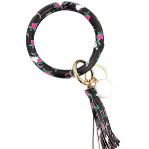 Black Vegan Leather Tassel Bangle Keychain with Red Roses/Steer Skulls~~NWOT